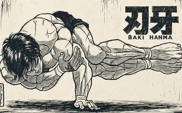 Baki Hanma anime 4K Ultra HD PC desktop wallpaper and background: monochrome sketch of muscular Baki holding a one-arm handstand, Japanese kanji logo.