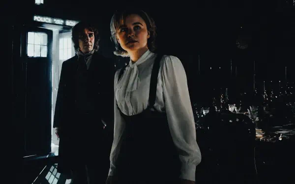 4K Ultra HD PC wallpaper: Doctor (2005) and Charley Pollard stand before the TARDIS in a moody Big Finish Productions sci‑fi scene.