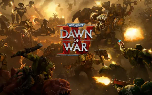 Warhammer 40000: Dawn of War IV video game 4K Ultra HD PC desktop wallpaper/background — chaotic Warhammer battlefield with Space Marines and Orks clashing amid explosions.