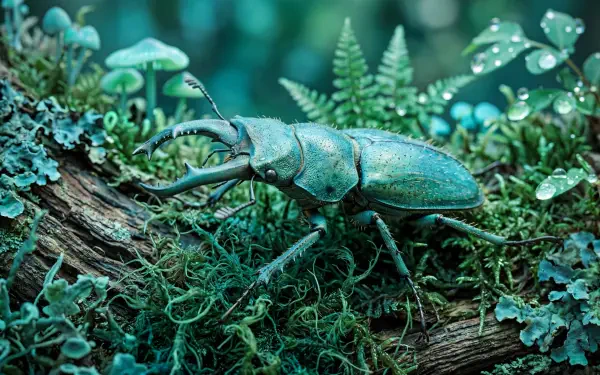Turquoise stag beetle on a mossy log with ferns and lichens — vivid 5K Ultra HD PC desktop wallpaper and background.