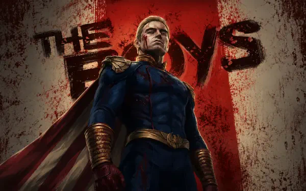 Homelander from The Boys (2019) — 4K Ultra HD PC desktop wallpaper: imposing hero in blue uniform and cape stands before a weathered red backdrop with The Boys logo.