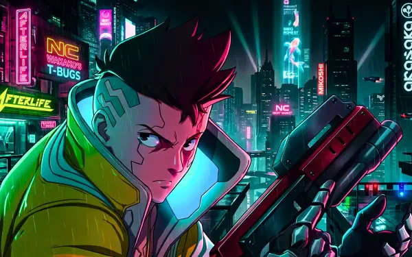 David (Cyberpunk: Edgerunners) in a neon-drenched Cyberpunk 2077 cityscape — anime-style 5K Ultra HD PC desktop wallpaper background, gripping a gun amid towering holographic signs.