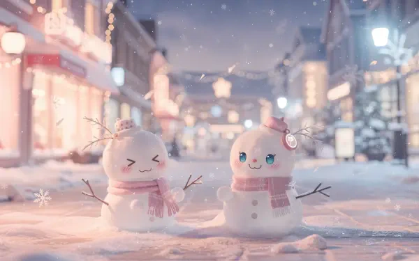Kawaii winter scene: two smiling snowmen with scarves and a hairpin on a snowy street at dusk, soft lights and falling snow — 4K Ultra HD PC desktop wallpaper and background.