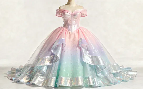 4K Ultra HD PC desktop wallpaper: pastel mermaid princess dress on a mannequin — iridescent pink-to-mint ball gown with layered metallic ruffles and off-shoulder bodice.
