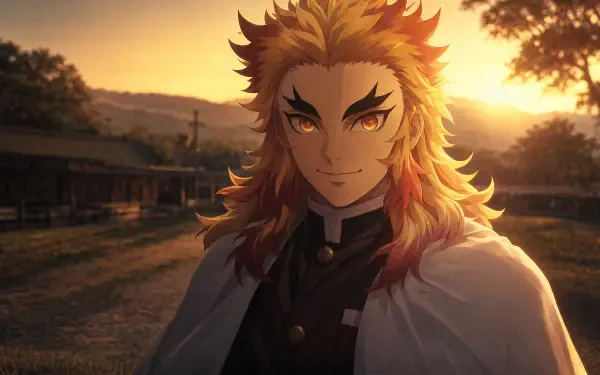 Kyojuro Rengoku at sunset, rendered as a vivid 4K Ultra HD PC desktop wallpaper and background — fiery hair, warm glow and confident smile over a quiet village.
