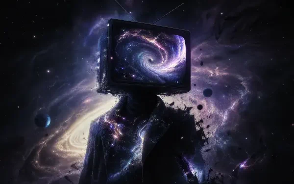 4K Ultra HD PC desktop wallpaper: TV-head figure in a suit, a swirling galaxy on its screen, standing amid purple cosmic clouds, stars and drifting debris.