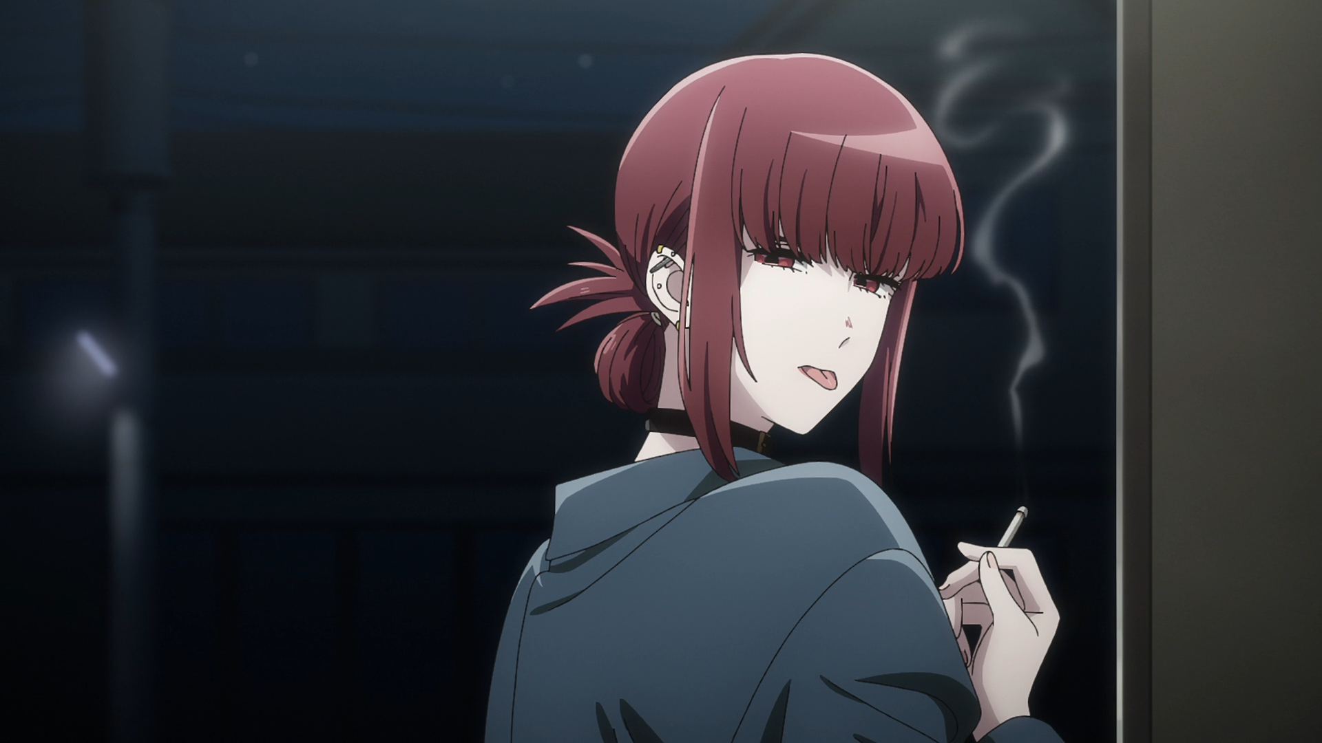 HD PC desktop wallpaper and background: anime image of Yamada from Smoking Behind the Supermarket with You, glancing back while smoking in a dim urban night scene.