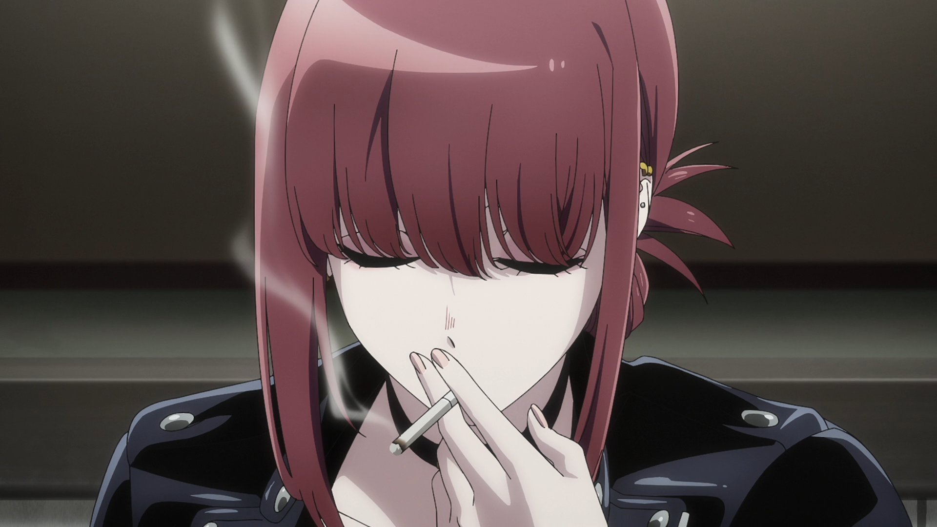 HD PC wallpaper of Yamada from the anime Smoking Behind the Supermarket with You, bangs hiding her eyes as she smokes a cigarette against a dim, moody backdrop.