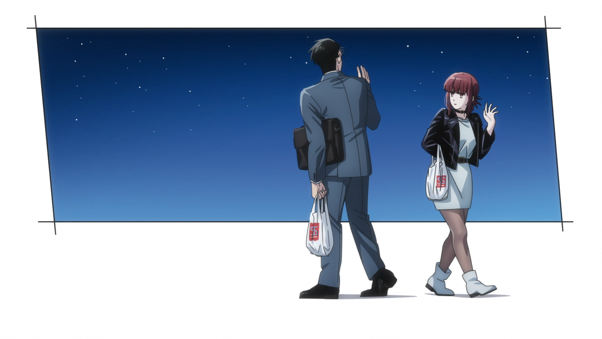 Anime HD desktop wallpaper: Yamada and Sasaki (Smoking Behind the Supermarket with You) stand under a starry sky, holding supermarket bags and smoking, backs turned in a quiet pose.