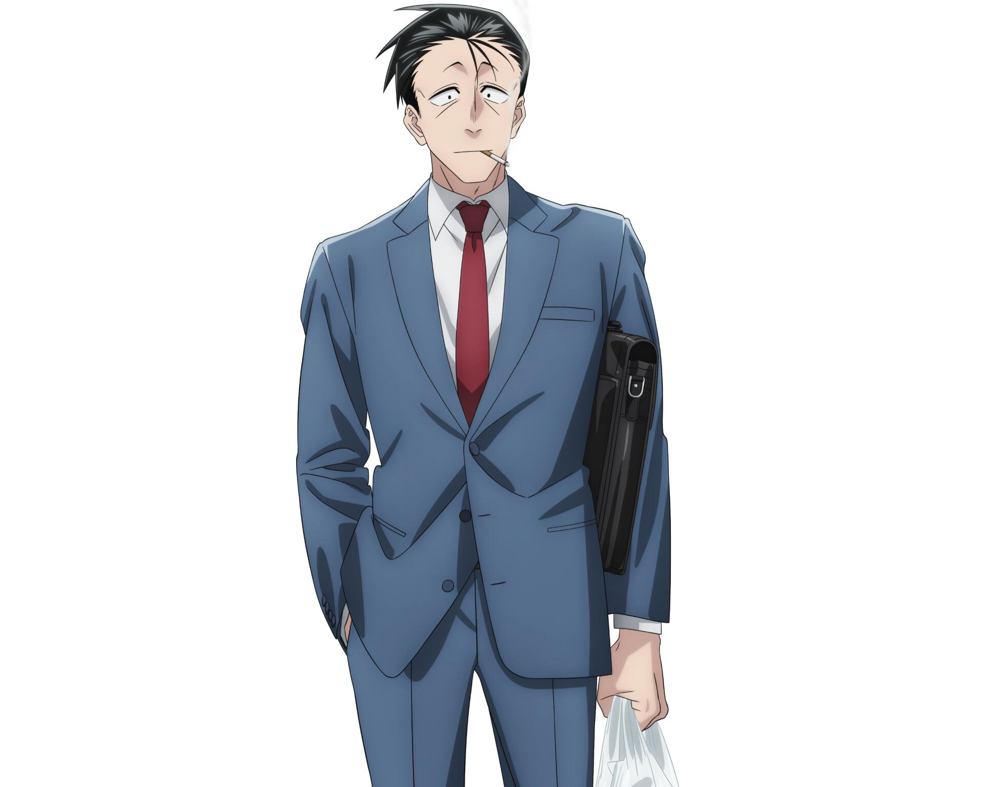 2K Quad HD anime wallpaper of Sasaki from Smoking Behind the Supermarket with You — man in a blue suit carrying a briefcase with a red tie.