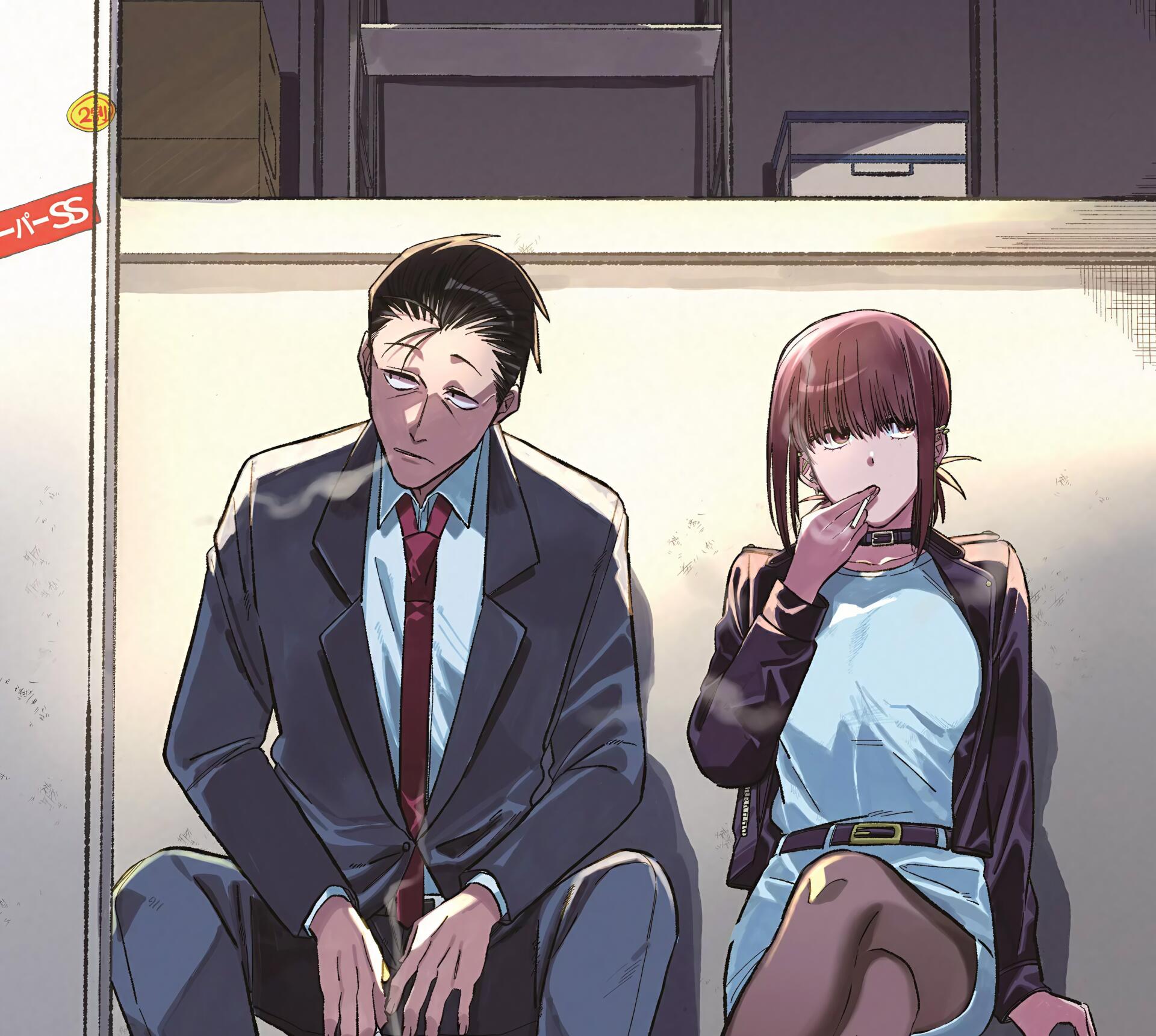 2K Quad HD anime wallpaper: Yamada and Sasaki from Smoking Behind the Supermarket with You sit on a curb behind a supermarket, smoking in a quiet, muted evening scene.