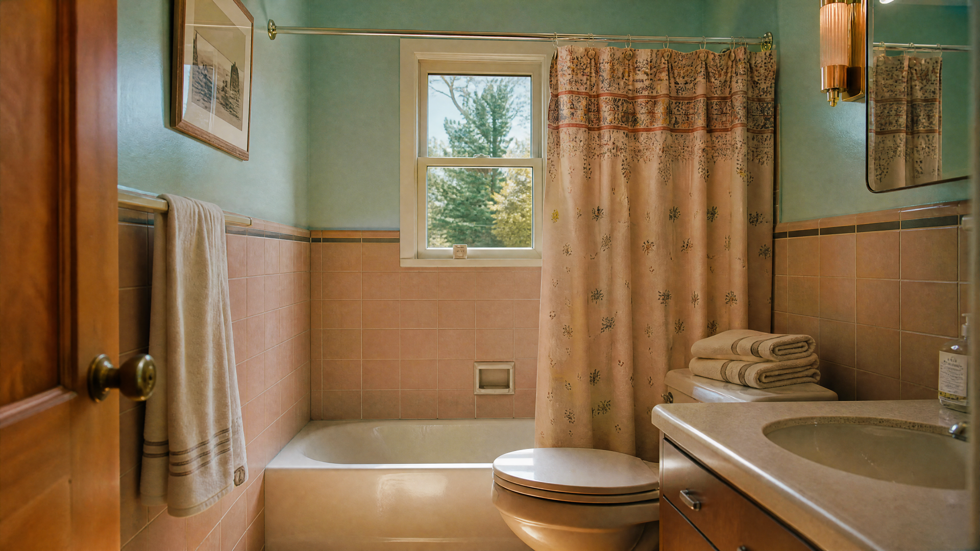 4K Ultra HD PC desktop wallpaper and background: pastel bathroom with tub, shower curtain, sink, stacked towels and a sunlit window.