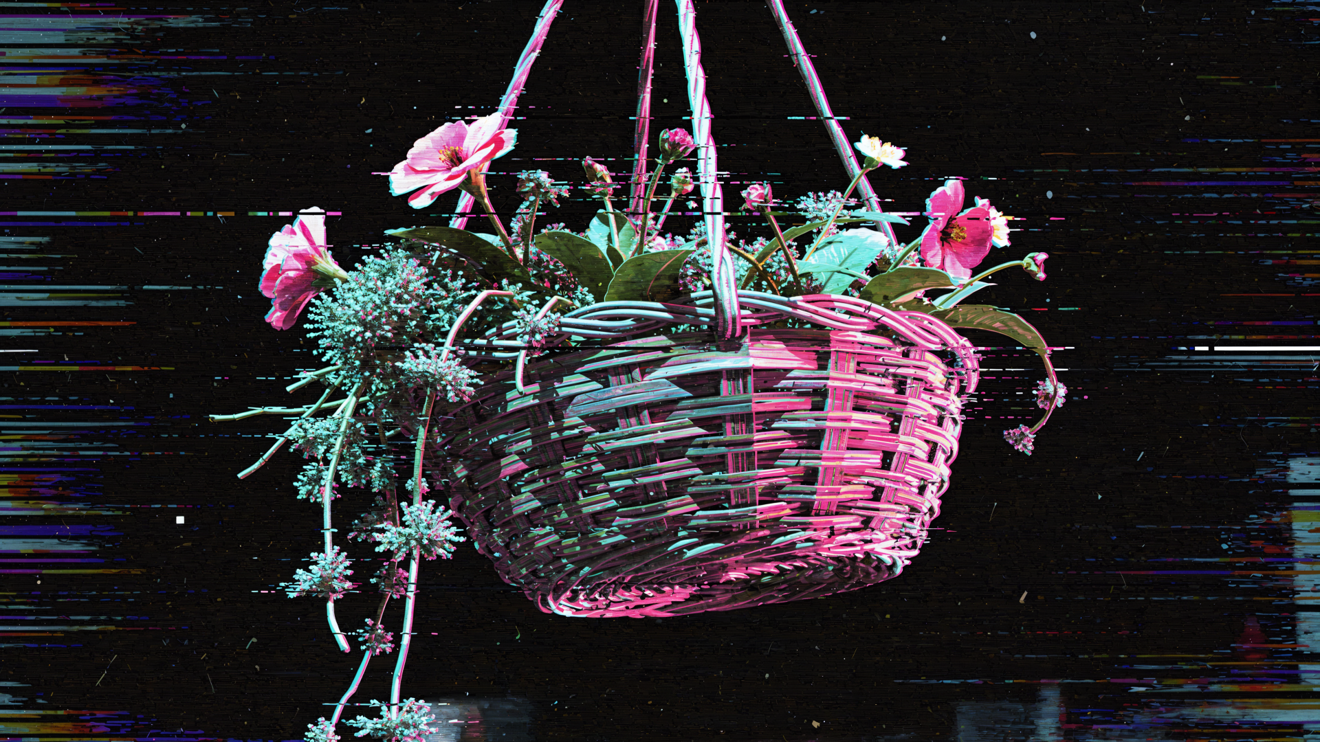 4K Ultra HD PC desktop wallpaper: woven hanging basket with pink flowers and trailing succulents, lit in neon pink-blue against a dark glitch-textured background.
