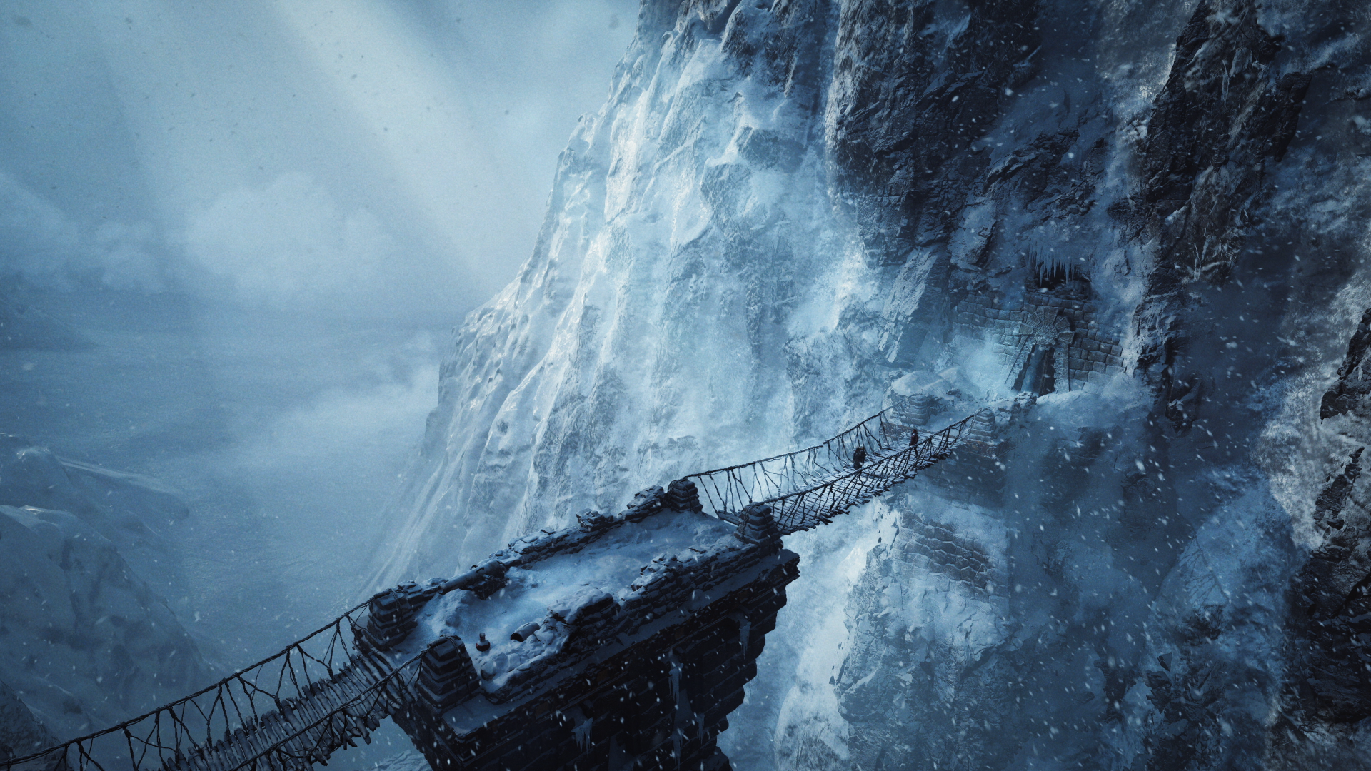 4K Ultra HD PC wallpaper: Tomb Raider: Legacy of Atlantis — Lara Croft crosses a rickety rope bridge over a frozen chasm between towering icy cliffs under pale, stormy light.