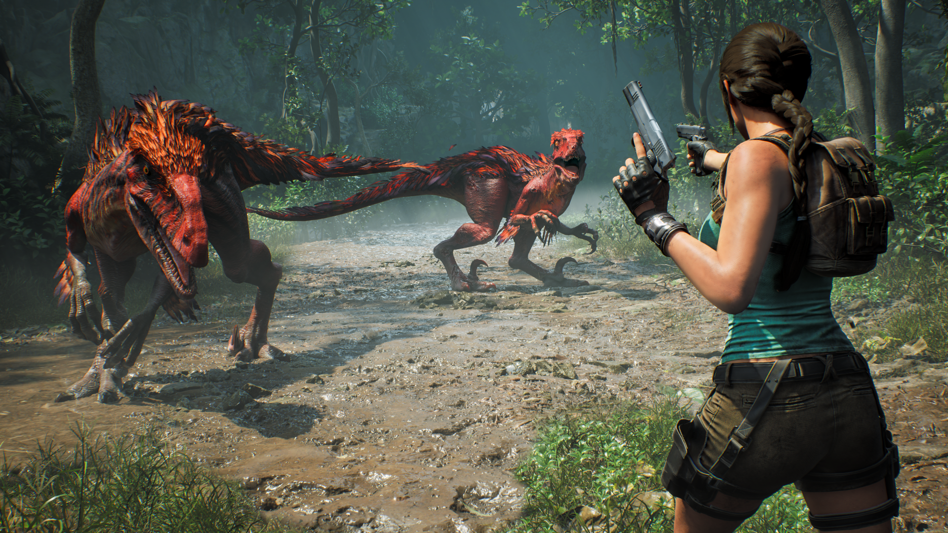 4K Ultra HD PC wallpaper of Lara Croft from the video game Tomb Raider: Legacy of Atlantis, aiming a pistol at two snarling raptors in a dense jungle.