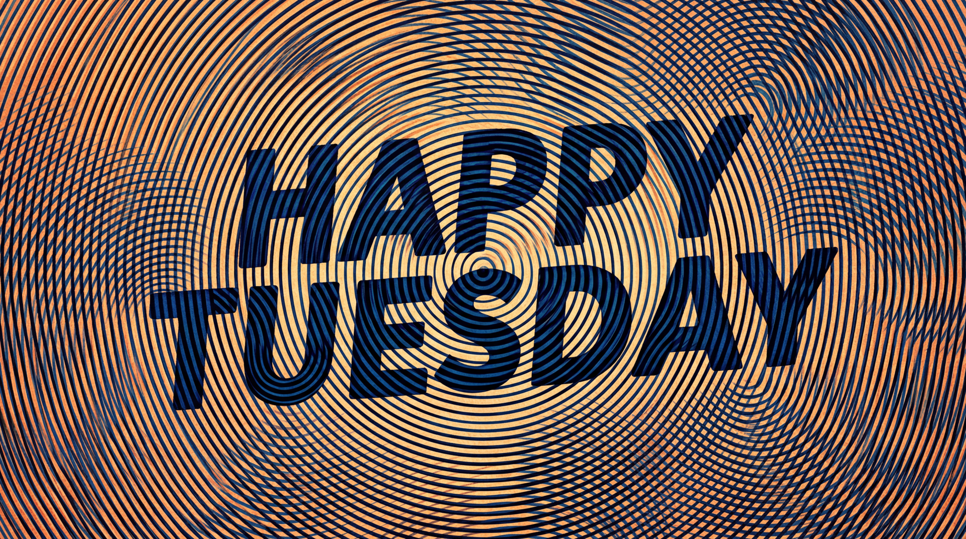 Bold HAPPY TUESDAY over concentric gold-and-navy circular lines; 5K Ultra HD PC desktop wallpaper and background.