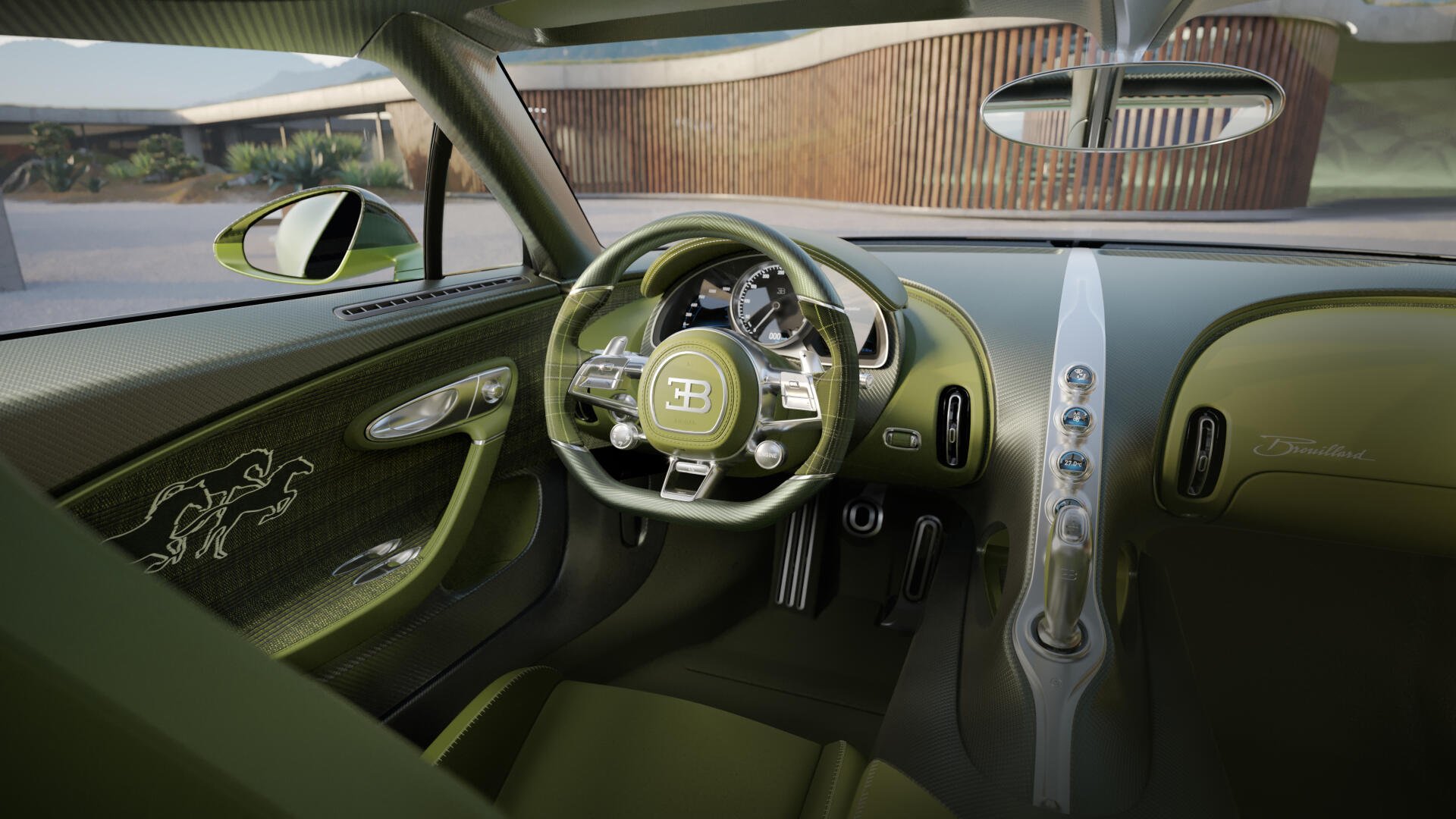 Green Bugatti Brouillard cockpit interior showing steering wheel, dashboard and center console — 4K Ultra HD PC desktop wallpaper.