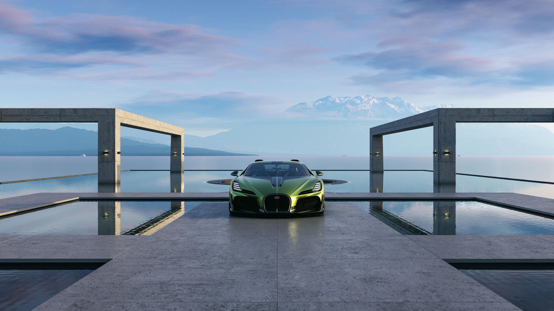 8K Ultra HD PC desktop wallpaper of a green Bugatti Brouillard vehicle centered on a reflective modern terrace overlooking the sea.