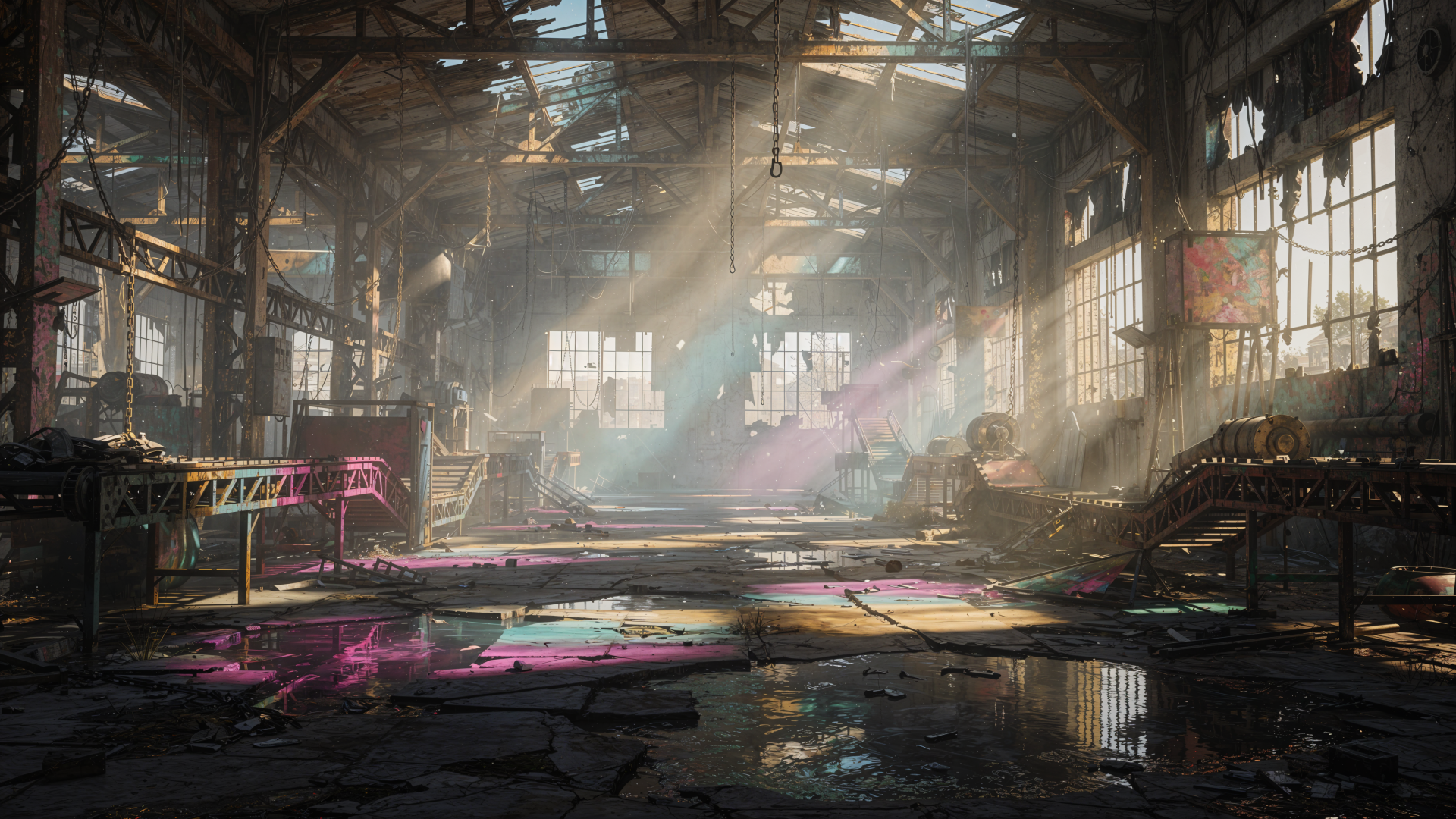 Sunlit, dust-filled abandoned factory interior with broken windows, scattered debris and reflective puddles — 4K Ultra HD PC desktop wallpaper and background.