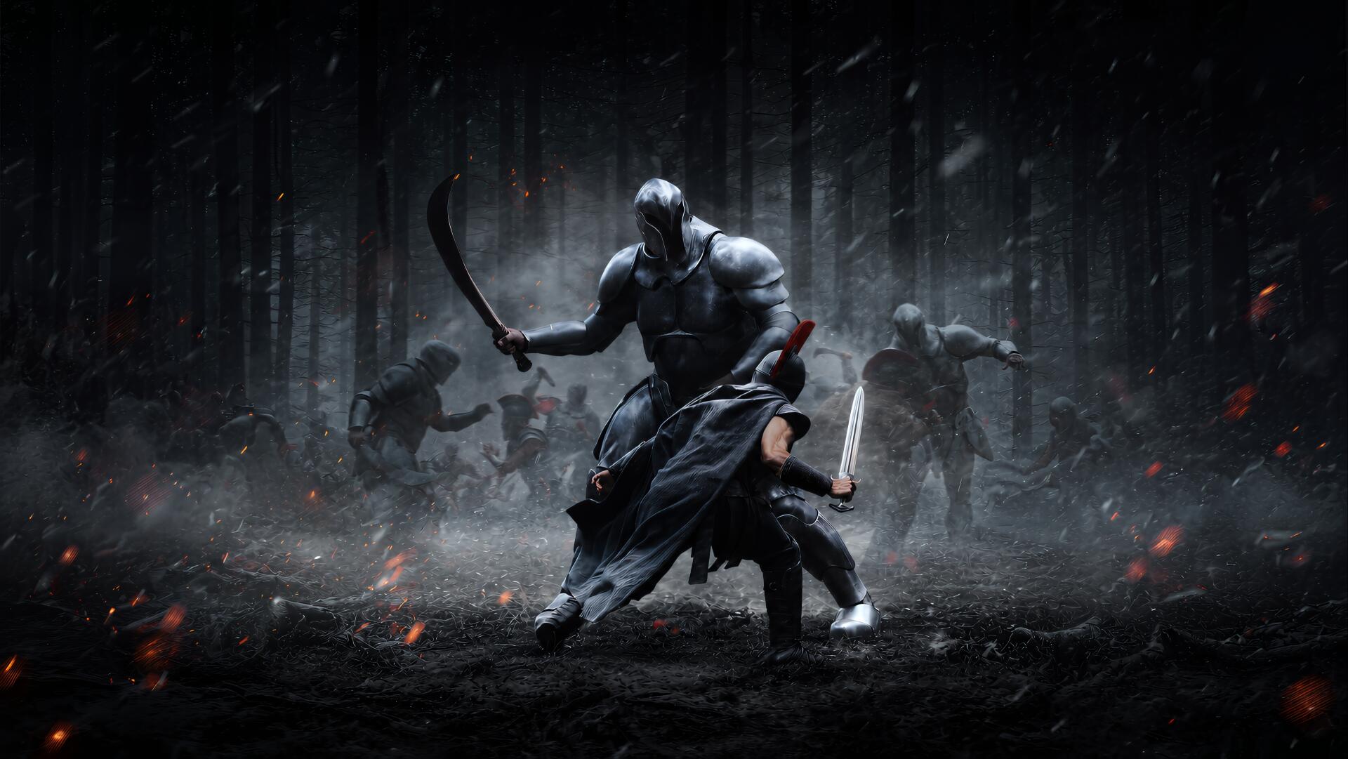 The Odyssey (2026) 4K Ultra HD PC desktop wallpaper and background: armored warrior with curved blade confronting shadowy foes in a rain-soaked, ember-lit forest battlefield.
