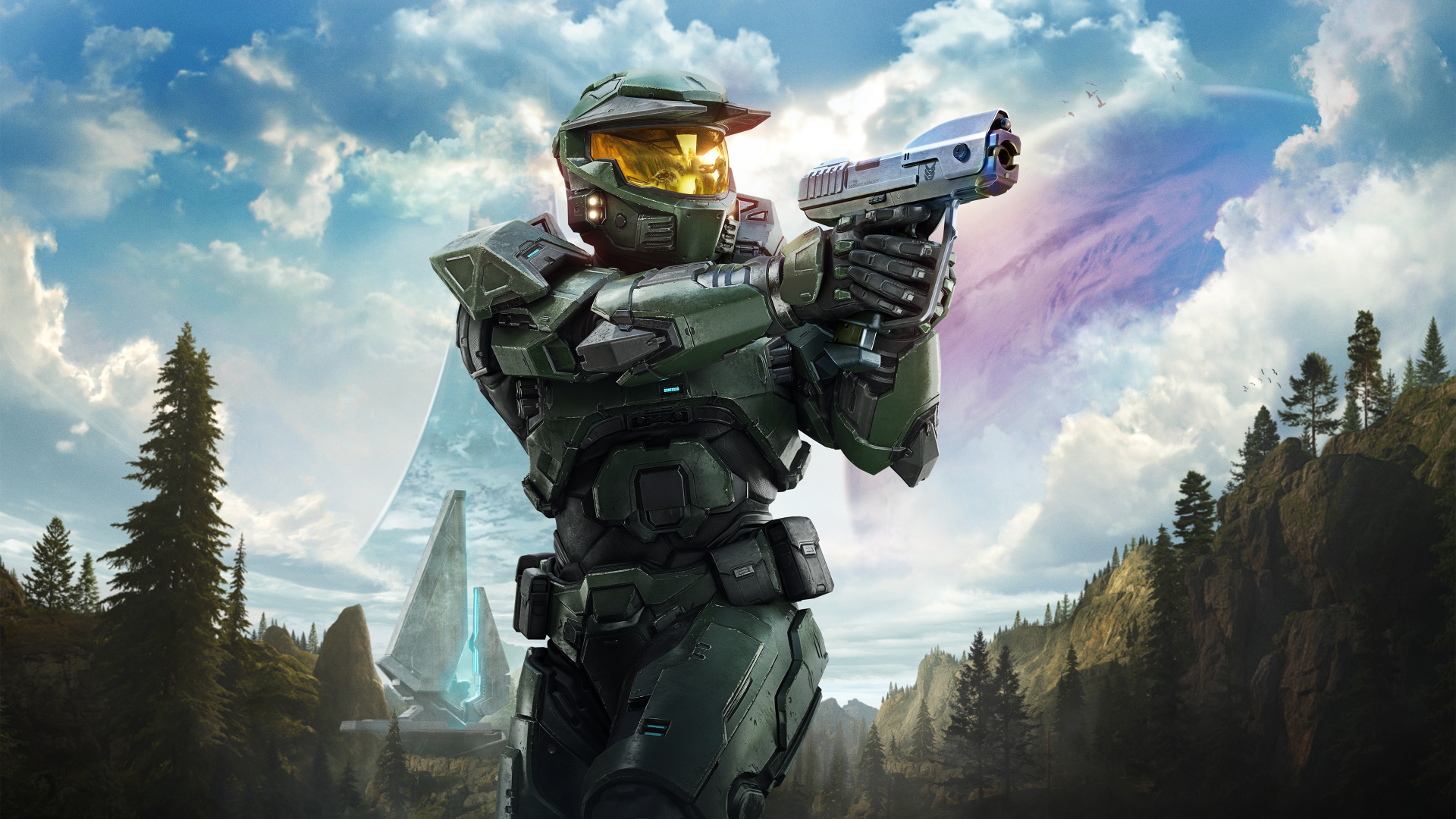 Master Chief from Halo: Campaign Evolved aims a pistol against alien mountains and a dramatic sky — 4K Ultra HD PC desktop wallpaper/background, video game art.