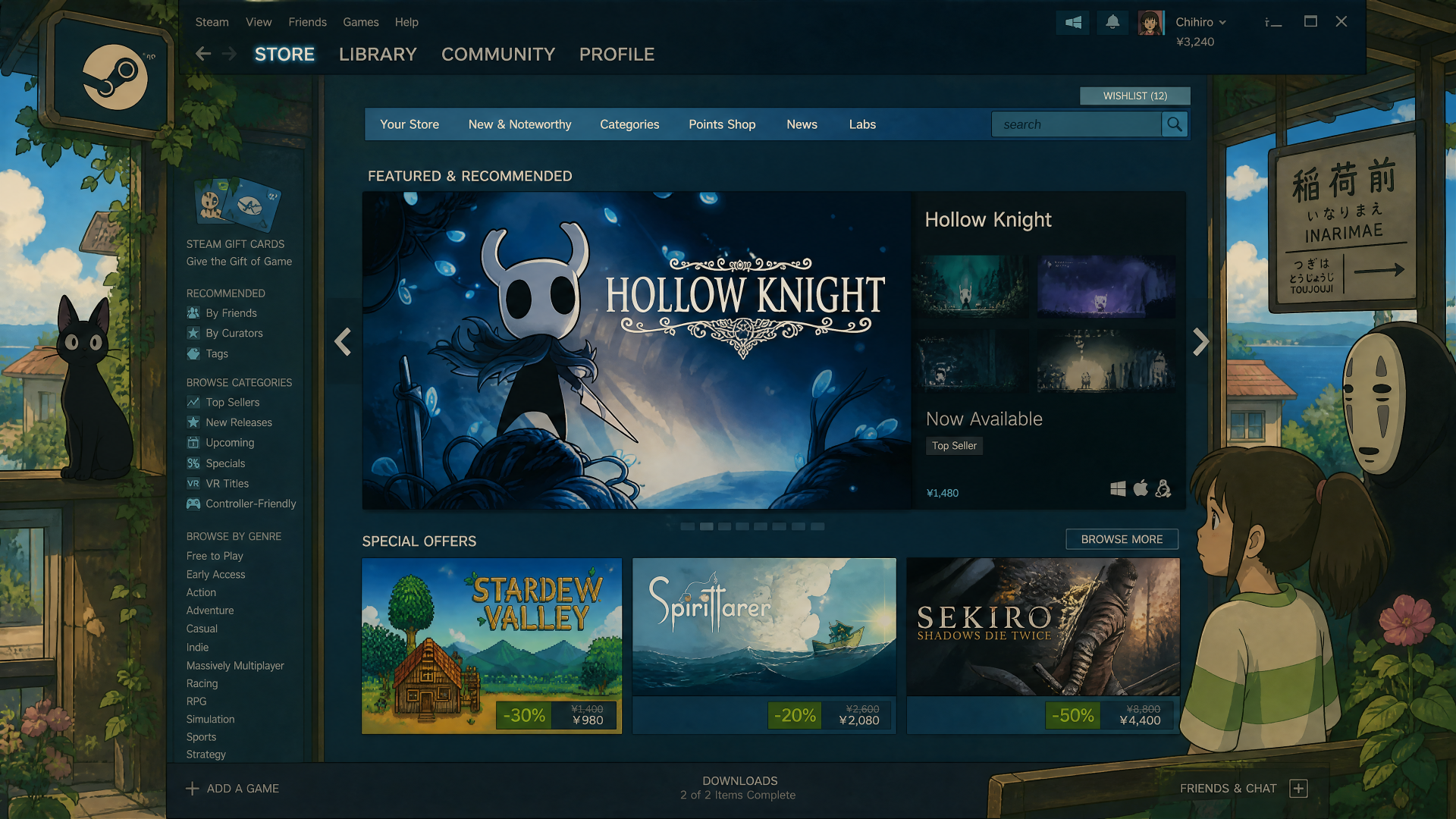 Steam software storefront screenshot showing Hollow Knight banner and game tiles, rendered as a 4K Ultra HD PC desktop wallpaper and background.