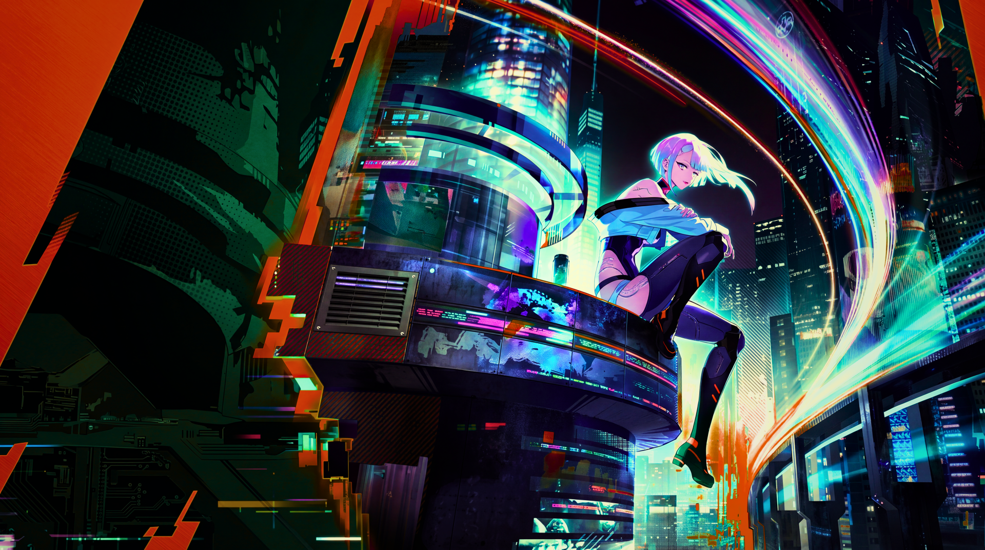 5K Ultra HD PC wallpaper: Lucy (Cyberpunk: Edgerunners) — anime girl perched on a neon-soaked tower in a Wuthering Waves–style cyberpunk city, streaking multicolored light trails.