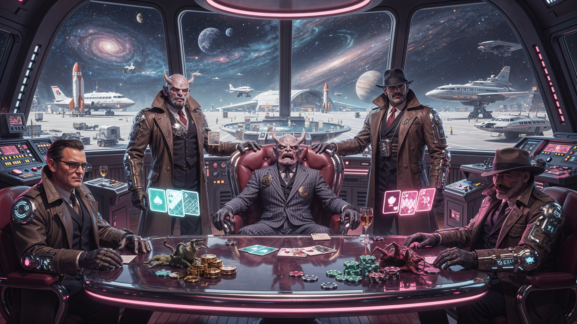 Mafia kingpins at a neon-lit poker table in a futuristic spaceport with starships in the sky — 4K Ultra HD PC Desktop Wallpaper and Background