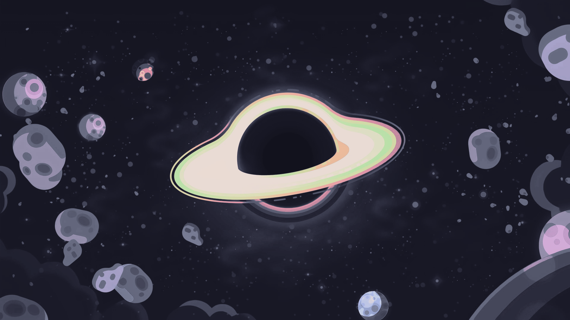 4K Ultra HD digital painting landscape: a stylized glowing ringed planet drifting among asteroids in a starry void — illustration artwork PC desktop wallpaper.