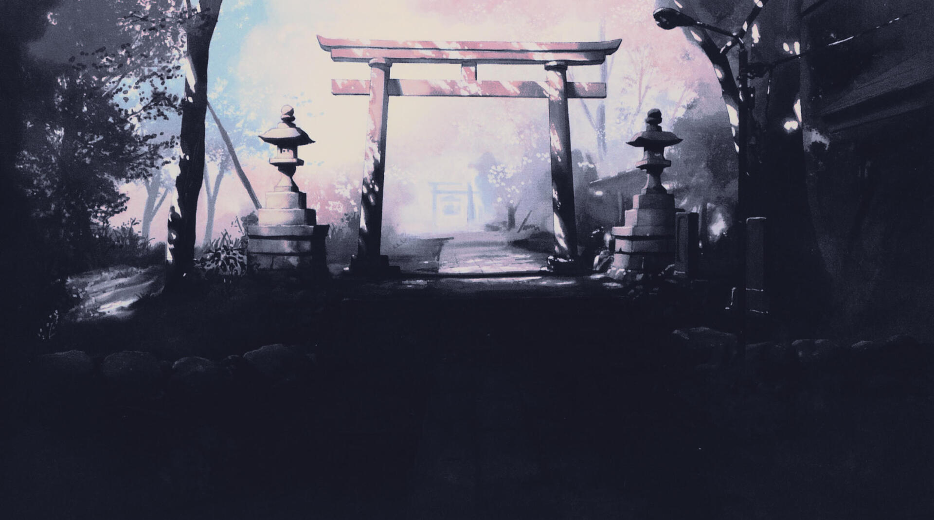 Digital art digital painting illustration artwork landscape: moody scene with a torii gate between stone lanterns and trees, misty dawn — HD PC desktop wallpaper background