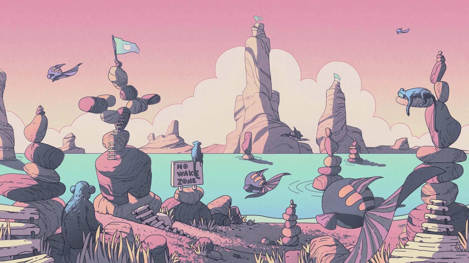 Digital art, digital painting, illustration, artwork, landscape: pastel coastal scene with stacked stones, towering rock spires and flying fish — 2K Quad HD PC desktop wallpaper/background.