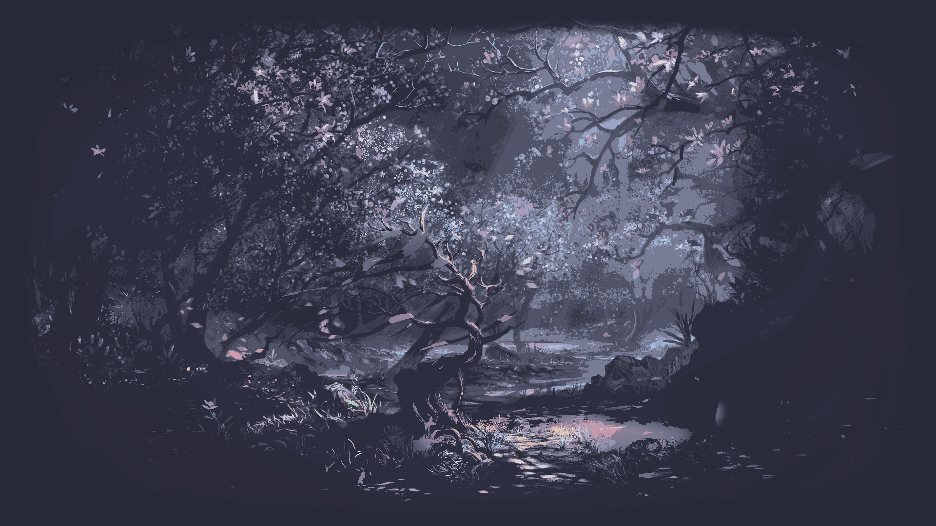 Moody moonlit forest clearing in a blue-gray palette, digital painting illustration landscape artwork, HD PC desktop wallpaper and background.