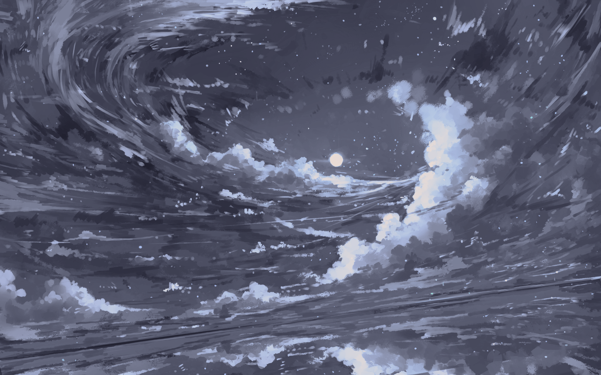 2K Quad HD digital painting landscape artwork — swirling night sky and clouds framing a bright moon in muted blue-gray, illustration PC desktop wallpaper.