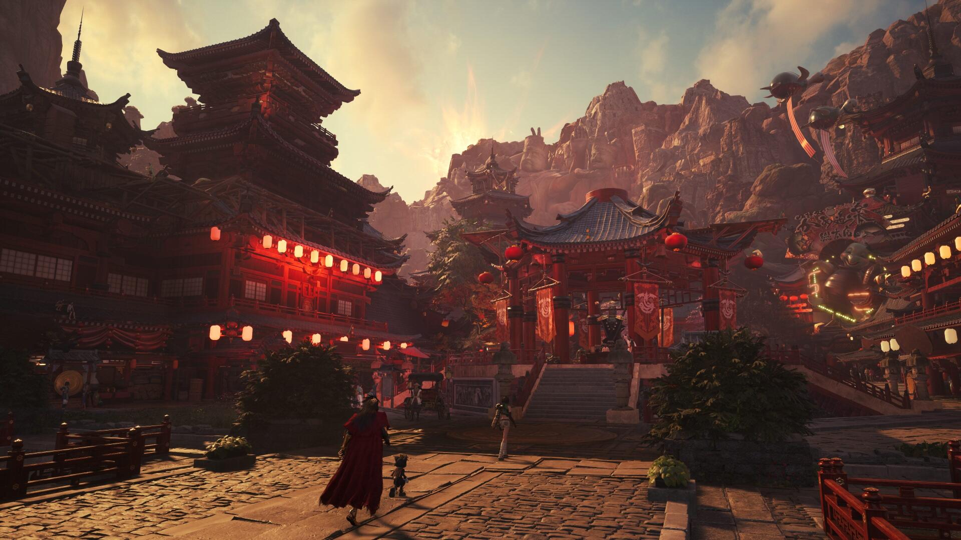 4K Ultra HD PC wallpaper from the video game Final Fantasy VII Revelation: lone figure in a lantern-lit, pagoda-lined village at dusk beneath craggy mountains.