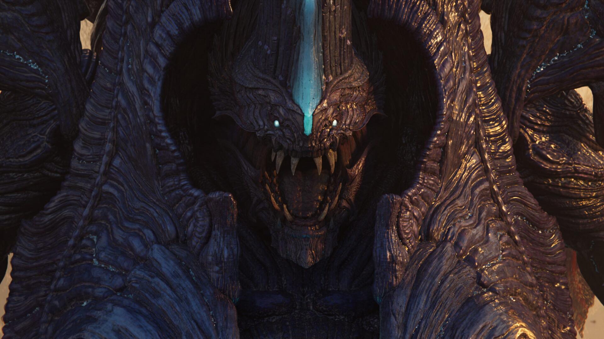 4K Ultra HD PC desktop wallpaper and background: menacing monster from the video game Final Fantasy VII Revelation, close-up with a glowing cyan forehead gem, jagged teeth and dark armored hide.