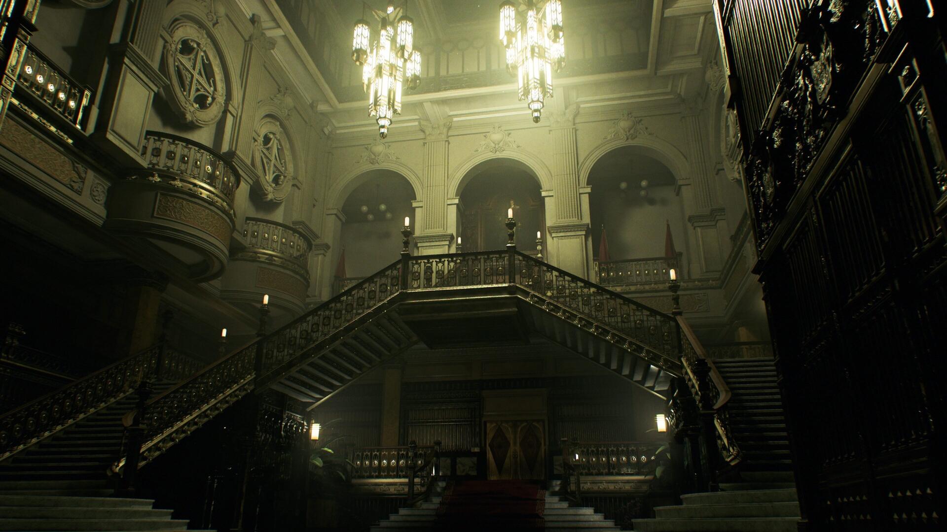 Dim, ominous mansion foyer with double staircases and chandeliers — Resident Evil: Veronica video game 4K Ultra HD PC desktop wallpaper/background.