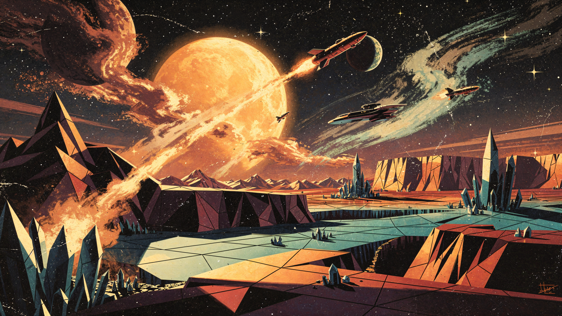 Polyscape 4K Ultra HD PC desktop wallpaper background: low-poly alien landscape with geometric cliffs and teal plains, rockets and comet trails streaking past a glowing orange planet.