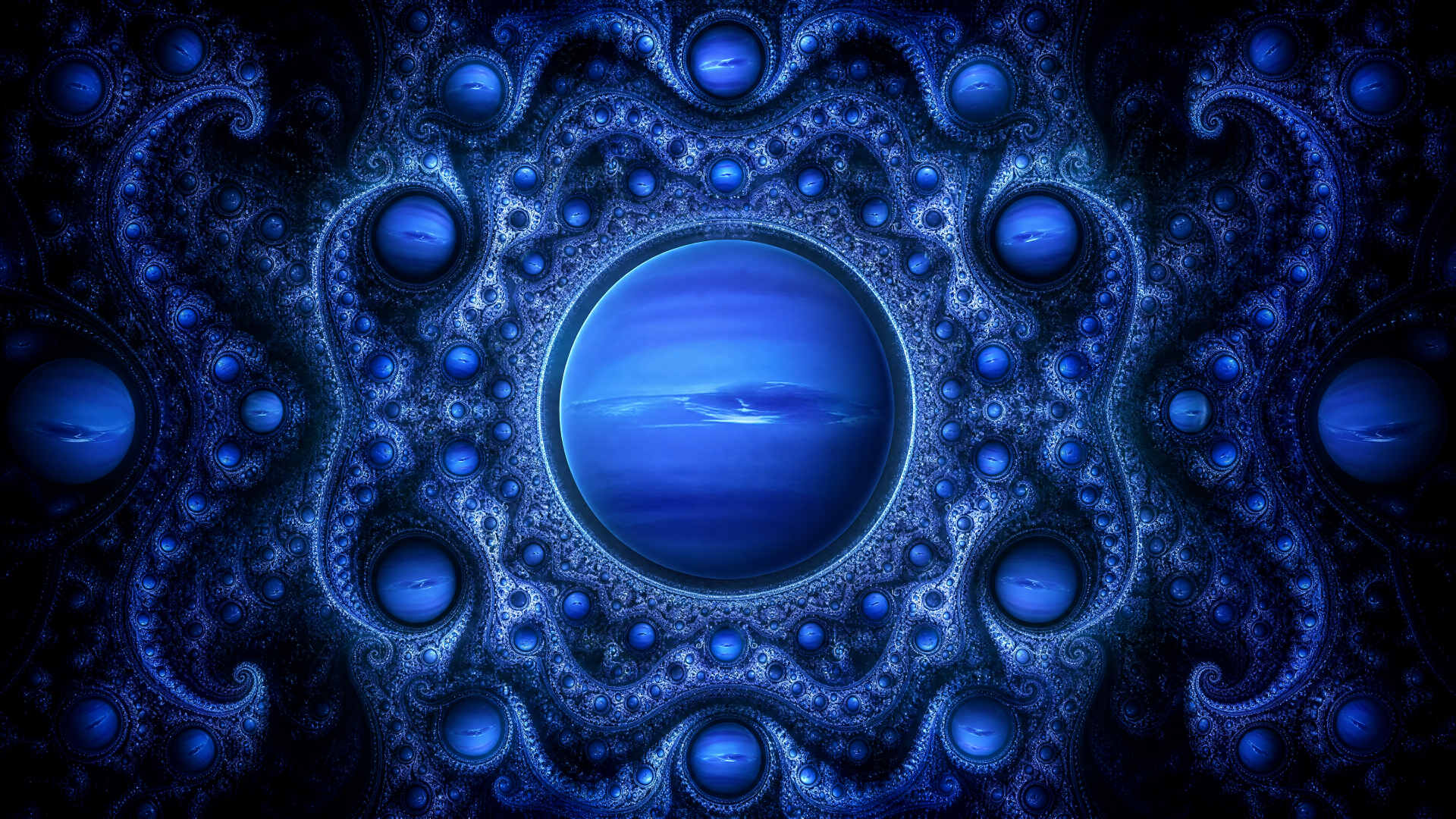 4K Ultra HD PC desktop wallpaper and background: stylized Neptune at the center, a glowing deep-blue planet framed by ornate fractal rings and swirling cosmic textures.