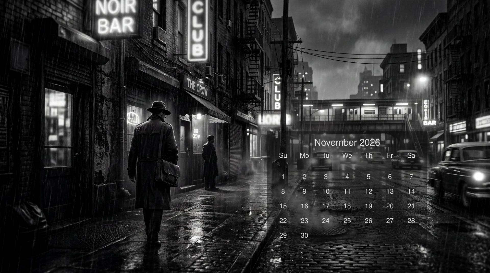 Noir rainy city street at night with silhouetted figures, November 2026 calendar overlay — 5K Ultra HD PC desktop wallpaper and background.