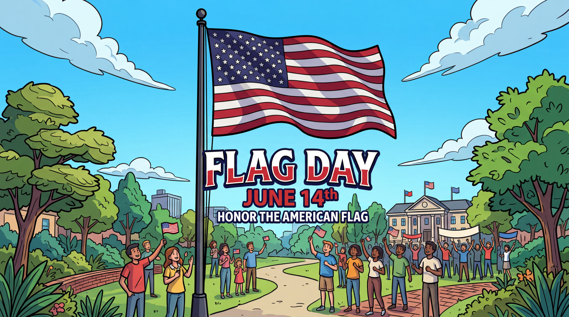 Flag Day 5K Ultra HD PC desktop wallpaper: colorful illustration of a large American flag waving above a park gathering and historic buildings, with text Flag Day June 14th: Honor the American Flag.