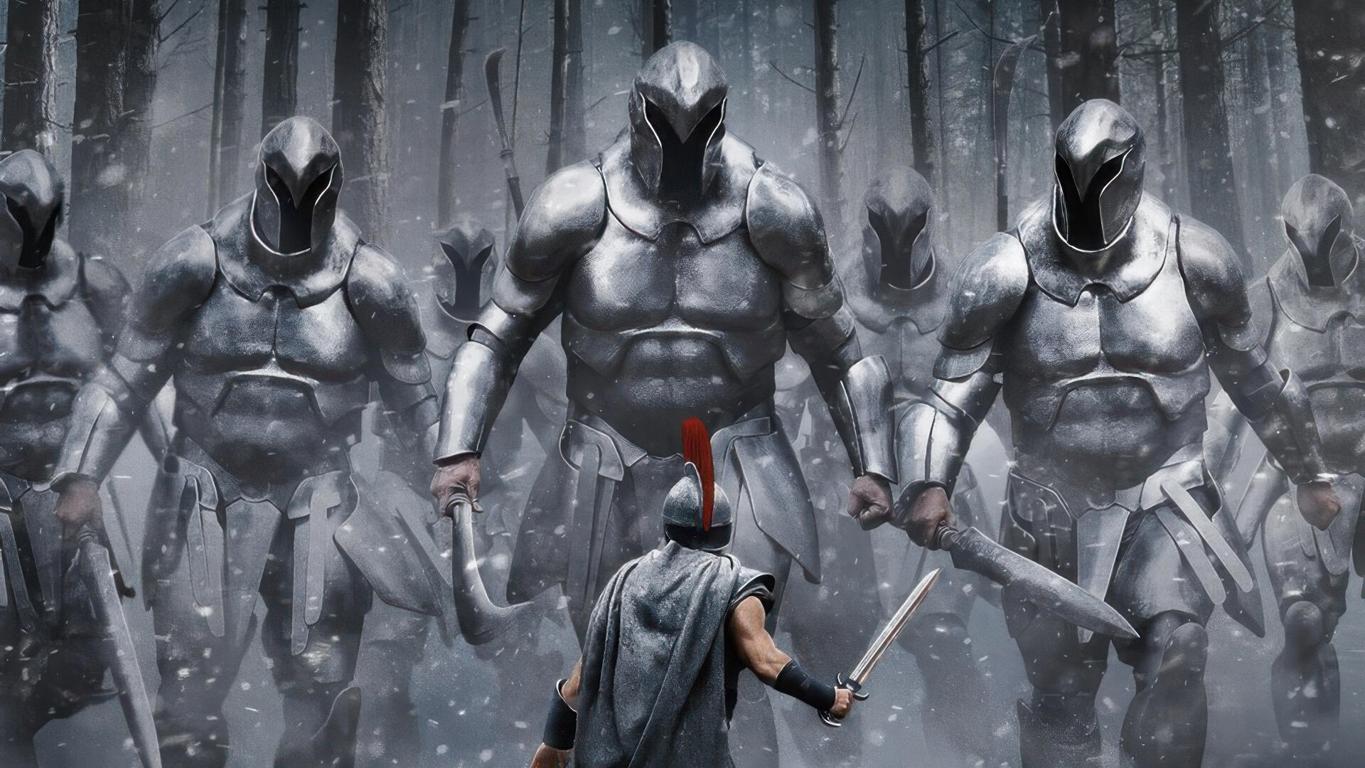 4K Ultra HD PC desktop wallpaper and background — The Odyssey (2026): a lone crested warrior with sword faces towering armored sentinels in a snowy, shadowed forest.