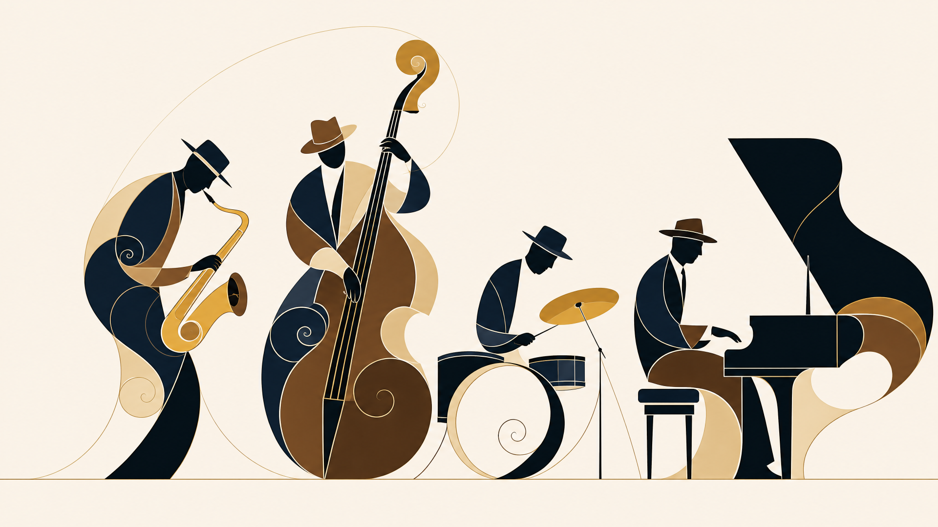 Clean 4K Ultra HD PC desktop wallpaper and background: minimalist stylized jazz quartet—saxophonist, double bassist, drummer and pianist in warm brown and black on cream.