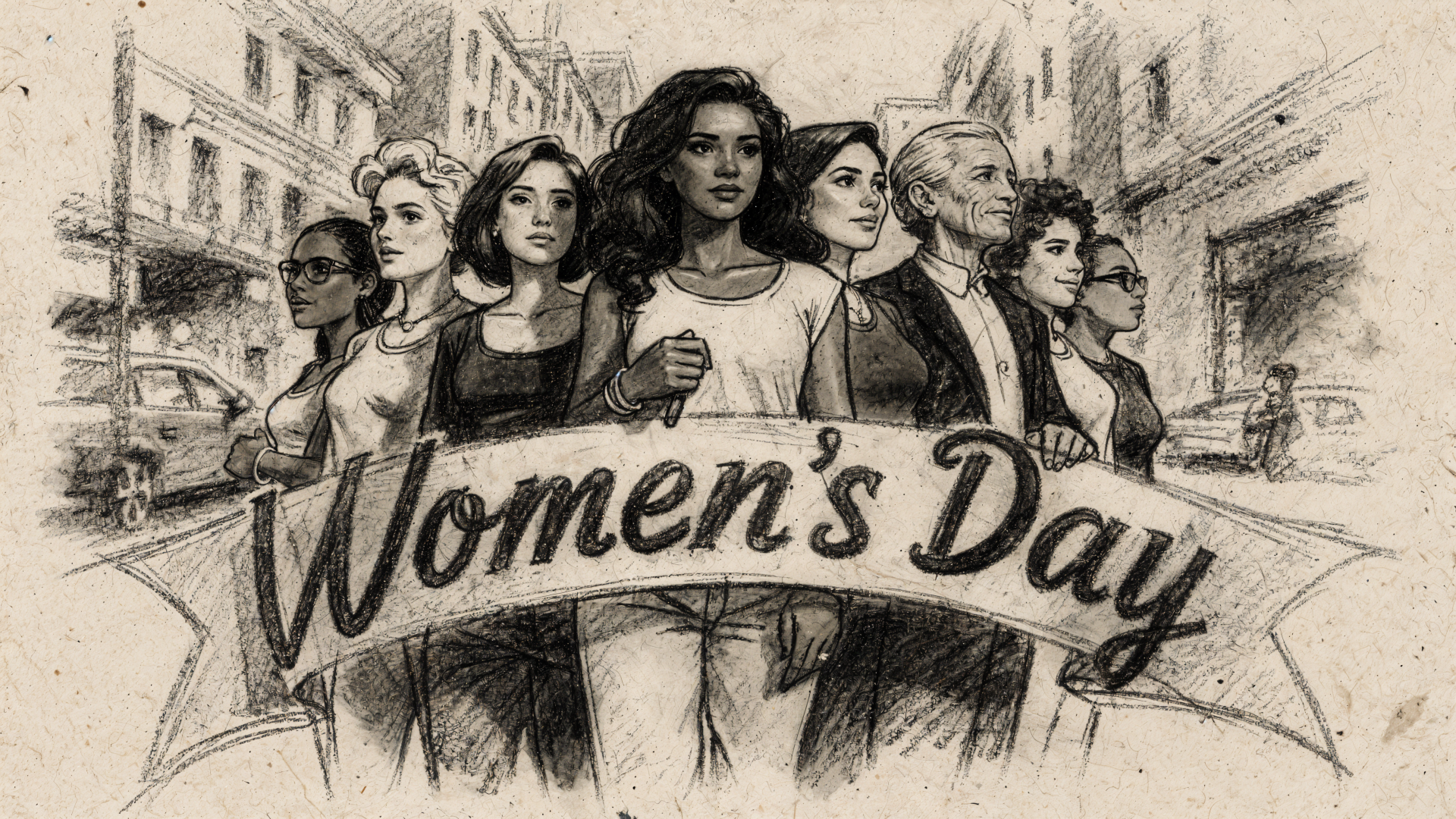 4K Ultra HD PC desktop wallpaper: sketch of diverse women standing united in a city, banner reading 'Women's Day'.