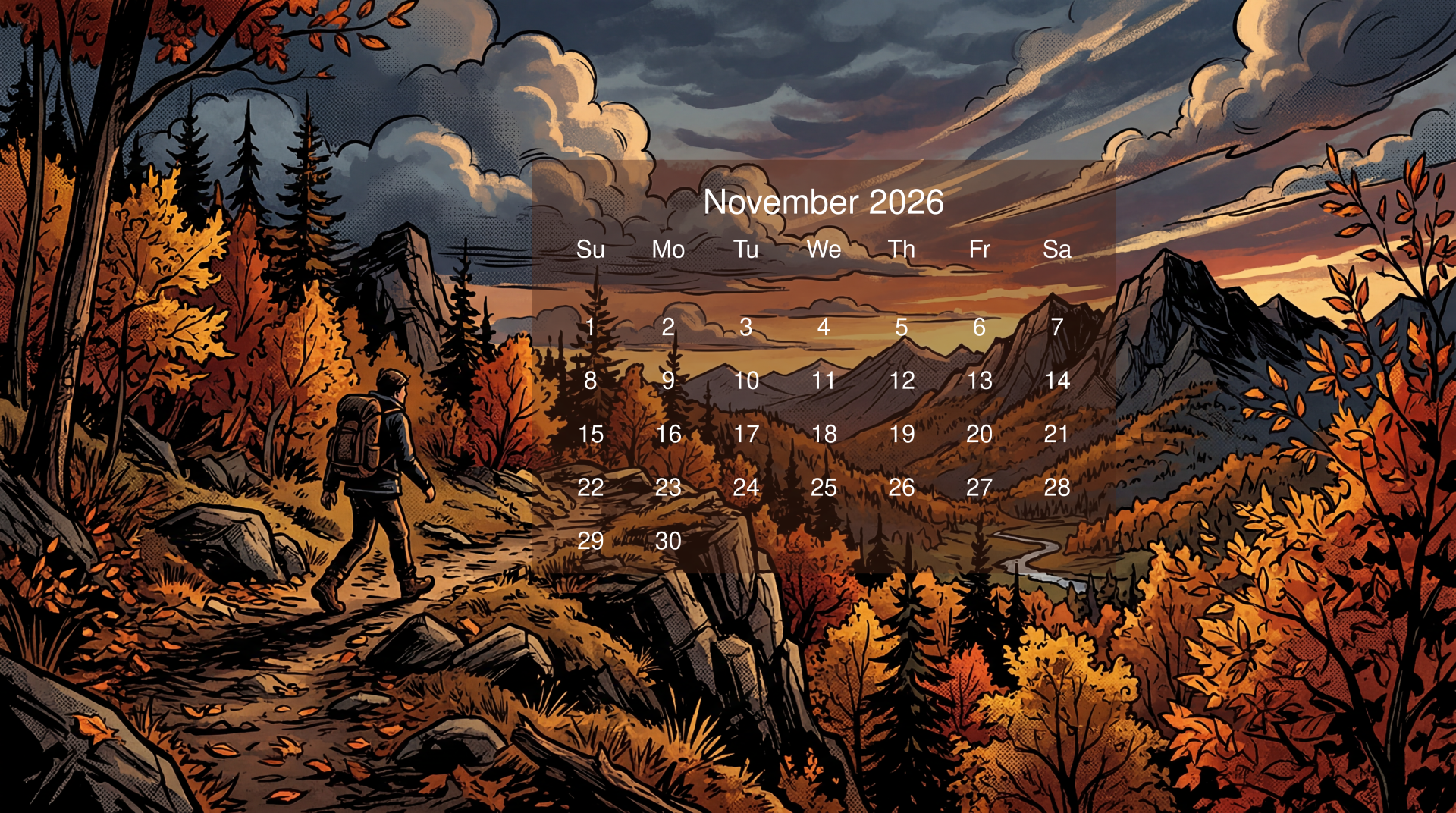 November 2026 calendar over 5K Ultra HD PC desktop wallpaper showing an autumn mountain valley at sunset with a lone hiker on a rocky trail.
