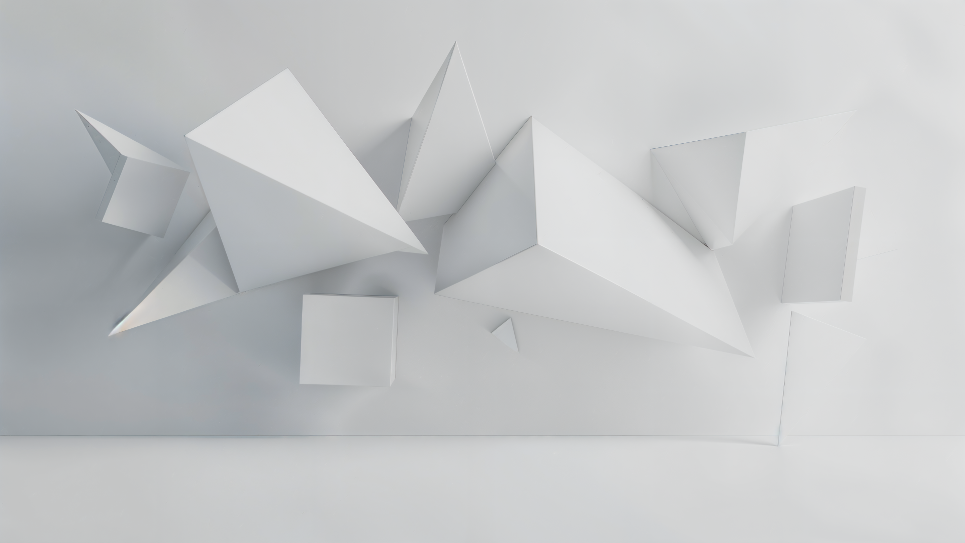 4K Ultra HD PC desktop wallpaper, white aesthetic: abstract 3D white geometric shapes float above a minimal white surface with soft shadows and a clean, modern composition.