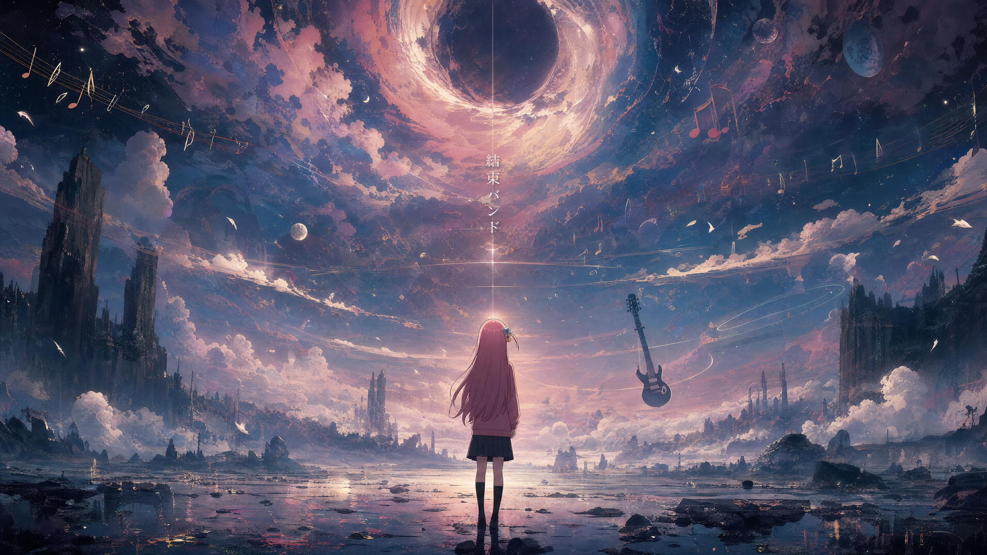 4K Ultra HD PC Desktop Wallpaper and Background: lone figure on a reflective shore faces a swirling celestial portal, a floating guitar and distant spires under vivid clouds.