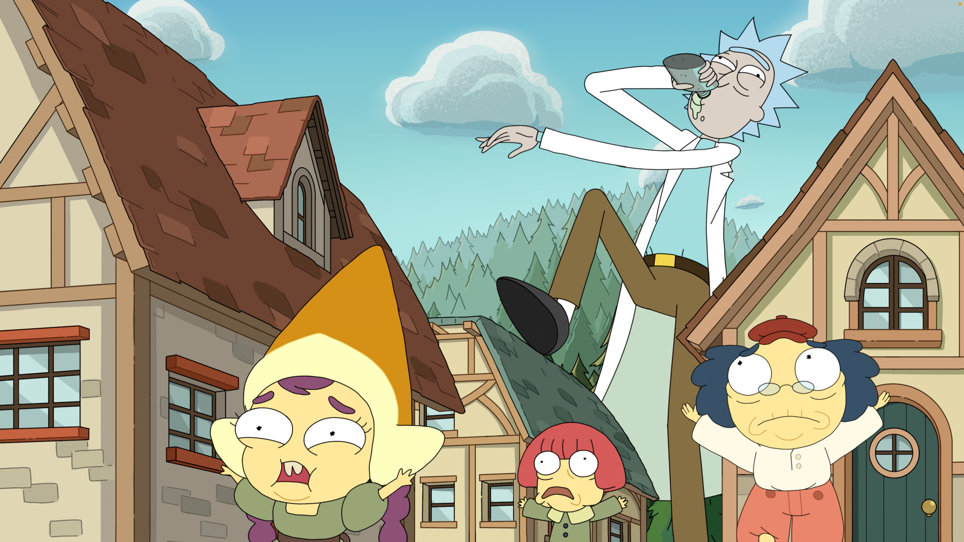 TV show Rick and Morty — season 9 HD PC desktop wallpaper: Rick strides above three alarmed townsfolk in a quaint village.