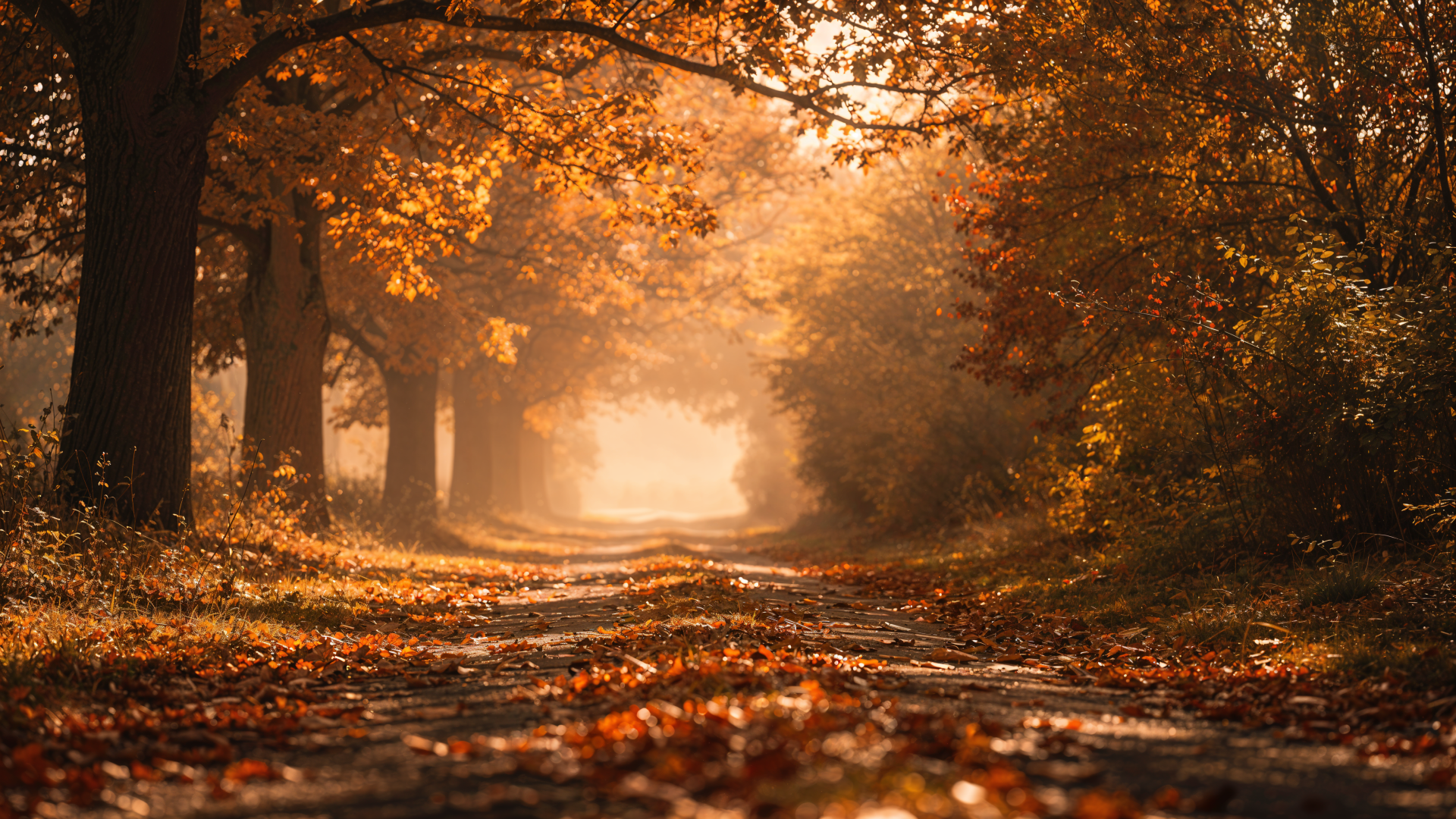 Autumn aesthetic 4K Ultra HD PC desktop wallpaper background: sunlit tree-lined path with warm mist and golden-orange leaves carpeting the trail.