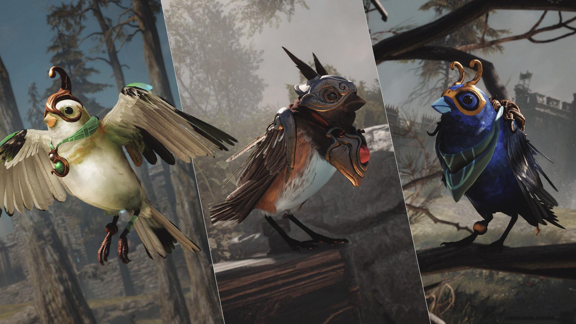 4K Ultra HD PC desktop wallpaper/background from the video game Soulframe: three ornate armored bird companions perched in a misty forest, vibrant feathers and glowing accents.