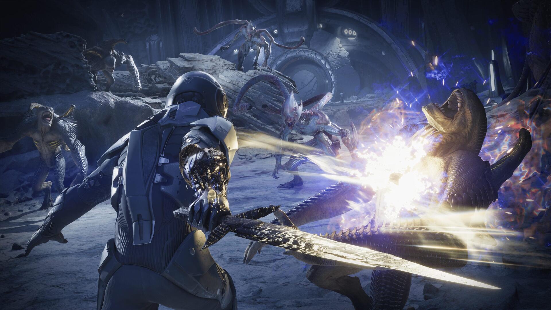 4K Ultra HD PC desktop wallpaper of Exodus (2027 video game): armored soldier swings a glowing sword at shadowy alien creatures across a blue, ice-bound battlefield.